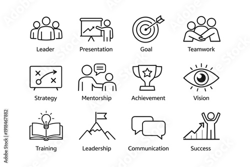 Business icons: leadership, presentation, strategy, goal, teamwork, mentorship, achievement, vision, training