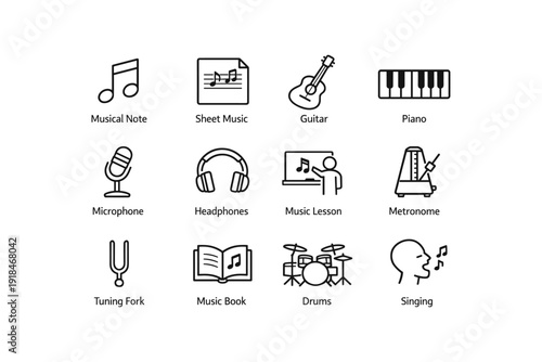 Musical instrument and equipment icons including guitar, piano, drums, and headphones