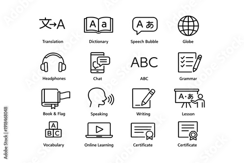 Language learning icons: translation, dictionary, speech, writing, online education