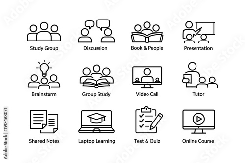 Education icons set: study group, discussion, online learning, presentation, tutoring