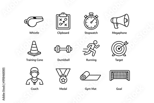 Sports equipment icons: whistle, stopwatch, megaphone, cone, dumbbell, target, medal, goal
