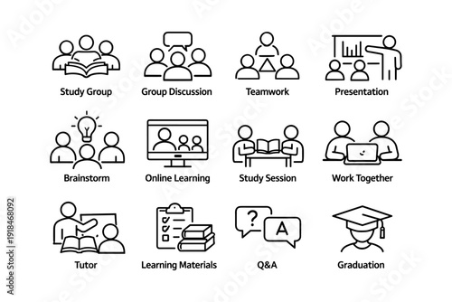 Education icons: learning, collaboration, presentation, online, graduation