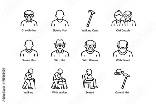 Icons of elderly individuals and walking aids: grandfather, elderly, senior, walker, cane