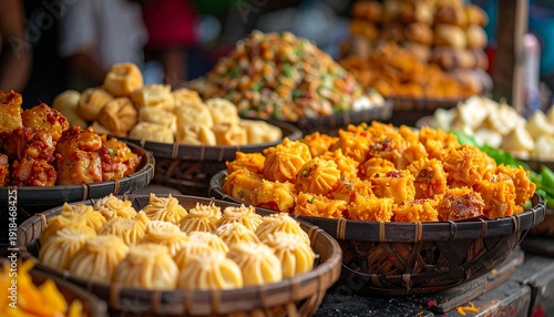 A vibrant assortment of delicious street food dishes displayed in woven baskets, showcasing a variety of textures and colors