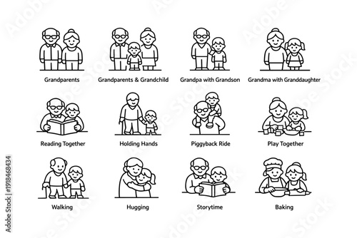 Family icons: grandparents with grandchildren engaging in activities