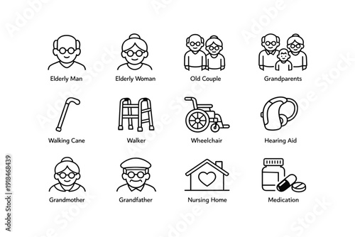 Elderly care icons including grandparents and mobility aids