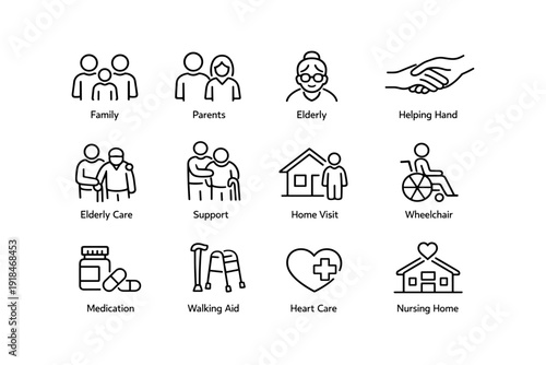 Elderly care icons: family support, home visit, medication, wheelchair, heart care