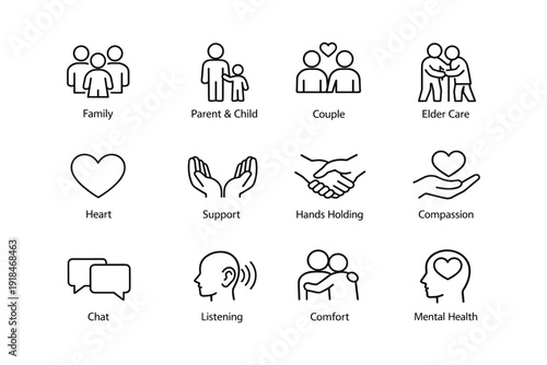 Family and community support icons - heart, compassion, mental health, communication symbols