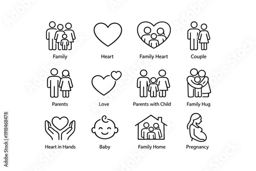 Family icons: love, parents, heart, and pregnancy symbols