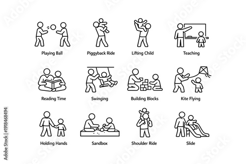 Stick figure family activities: playing, teaching, swinging, building, sliding