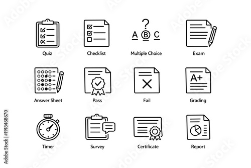 Educational assessment icons: quiz, checklist, multiple choice, exam, certification