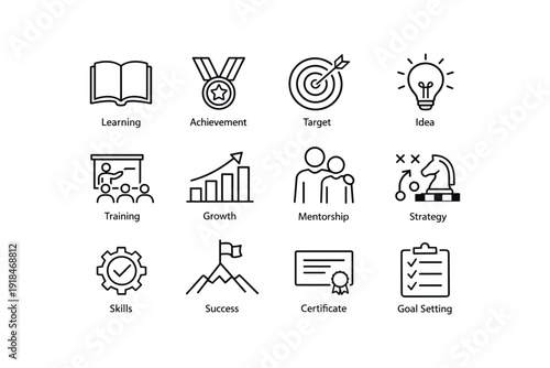 Icons representing learning, achievement, target, and strategy concepts