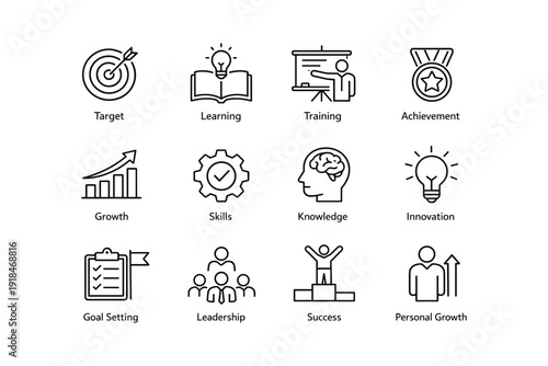 Collection of line icons representing business and personal growth concepts