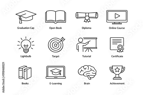 Educational icons: graduation cap, diploma, online course, certificate, achievement