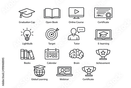 Education icons: graduation cap, online course, certificate, learning tools