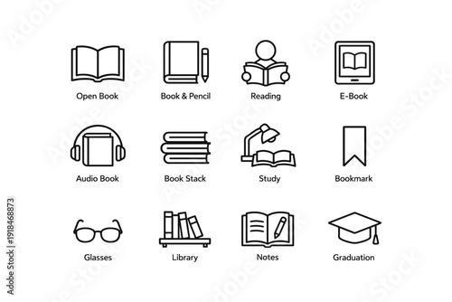 Educational icon set: books, reading, and study essentials