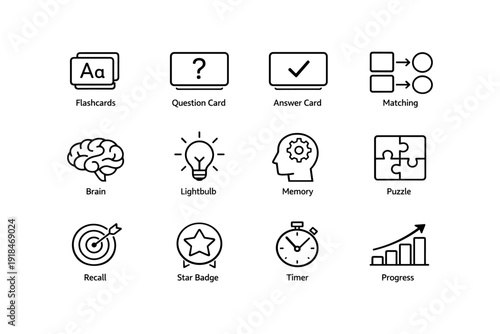 Educational icons set with brain, lightbulb, puzzle, and timer symbols