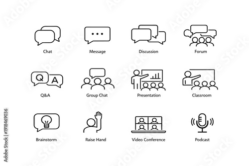 Communication icons set: chat, discussion, presentation, video conference, podcast