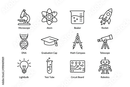 Science and education icons: microscope, atom, beaker, rocket, dna, graduation cap