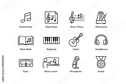Music icons set: instruments and tools in simple line art