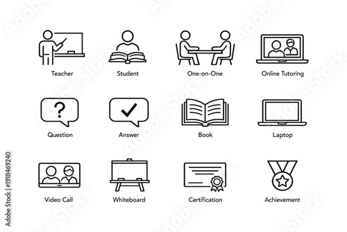 Education icons set: teacher, student, online tutoring, certification, achievement