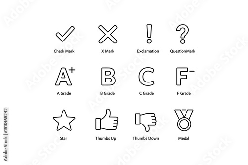 Set of minimalist line icons: check, x, exclamation, star, thumbs, medal