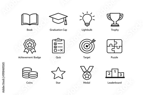 Educational icons: book, graduation cap, lightbulb, trophy, medal, puzzle, quiz, target