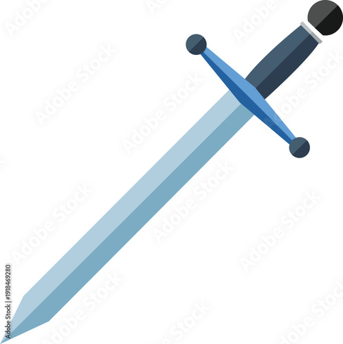 Isolated vector illustration of two crossed steel swords and a sharp metal blade design alongside a wooden baseball bat and pencil drawing equipment tool
