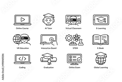 Interactive online learning icons collection featuring ai, virtual reality, and global education themes