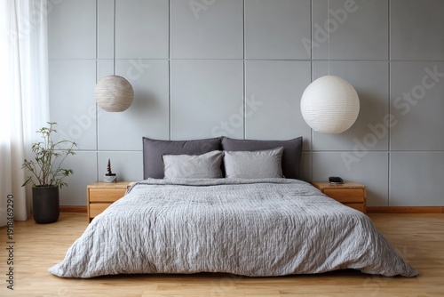 Cozy bedroom with a bed, bedside tables, and decorative lights.