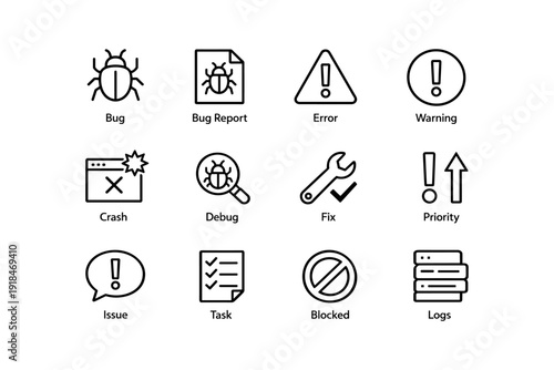 Bug and error icons set including warning, fix, debug, and priority symbols