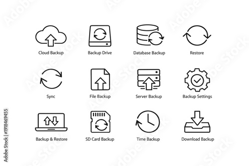 Cloud backup and recovery icons: database, server, file, and sync settings