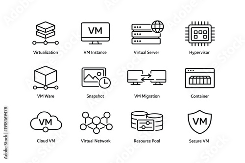 Virtualization and cloud computing icons: vm, network, security