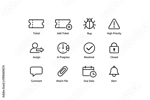 Ticketing system icons for task management and bug tracking