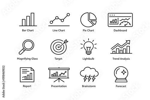 Business icons: charts, dashboard, analysis, presentation, forecast