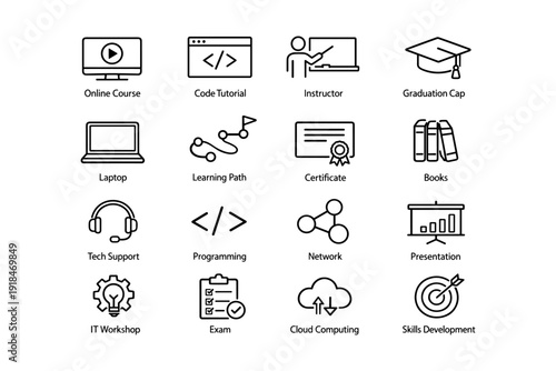 Educational icons set: courses, programming, networking, and technology skills