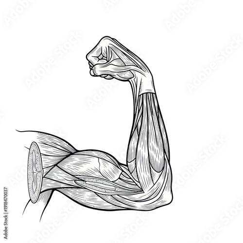 Anatomical illustration of a flexed human arm showing biceps and triceps muscles