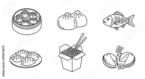 Chinese Food Icons: Dim Sum, Dumplings, Noodles, Fish, Fortune Cookies