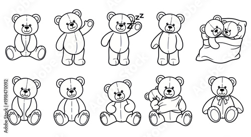 Cute Teddy Bear Collection - Hand Drawn Line Art Illustrations