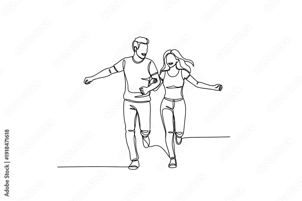 Fototapeta premium Continuous Line Art of Happy Couple Running Together