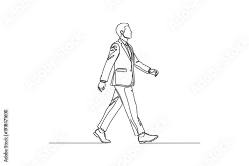 Continuous Line Art Drawing of a Confident Businessman Walking