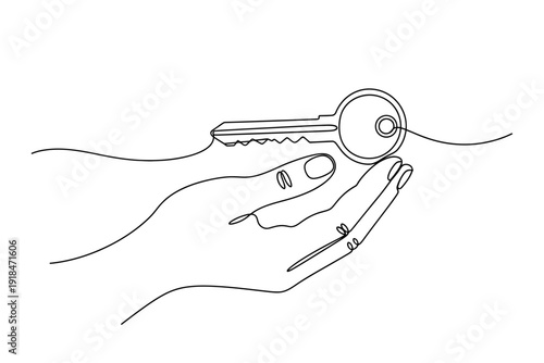 Continuous Line Art of a Hand Holding a Key on White Background, Symbolizing Security, Real Estate, and Ownership