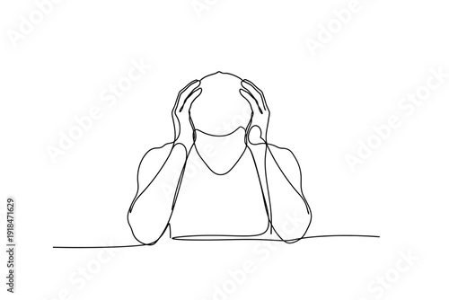 Continuous Line Art: Stressed Person Holding Head Illustrating Headache, Anxiety, or Mental Pain
