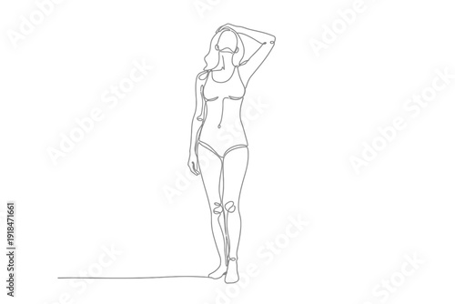 Continuous line drawing of a woman in swimwear standing in a contemplative or stylish pose on white background.