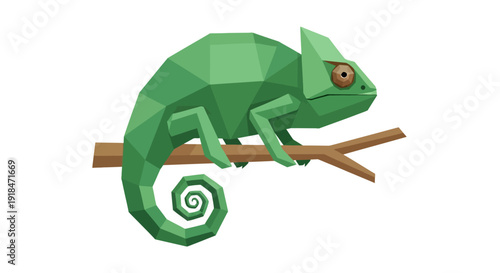 Stylized Geometric Green Chameleon Perched on a Branch, a Modern Low Poly Reptile Illustration for Digital Design Projects
