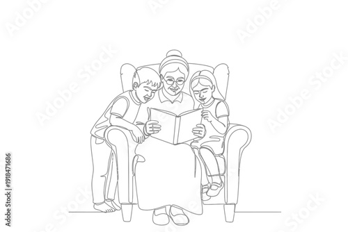Continuous Line Drawing of Grandmother Reading Story to Grandchildren in Armchair