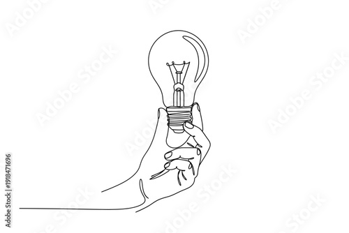 Continuous Line Drawing of Hand Holding Light Bulb Representing Idea and Innovation