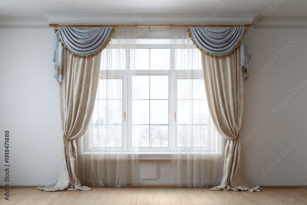 Fototapeta premium Ornate window drapes frame a view of winter trees and snow-covered ground.
