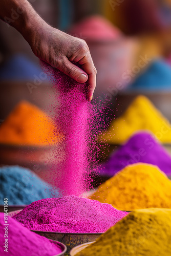 Happy girl celebrating Holi festival with colorful powder, joyful child laughing during traditional Indian celebration of colors