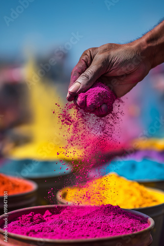 Happy girl celebrating Holi festival with colorful powder, joyful child laughing during traditional Indian celebration of colors